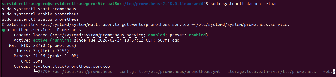 systemctl daemon-reload, start, enable y status prometheus: Active running